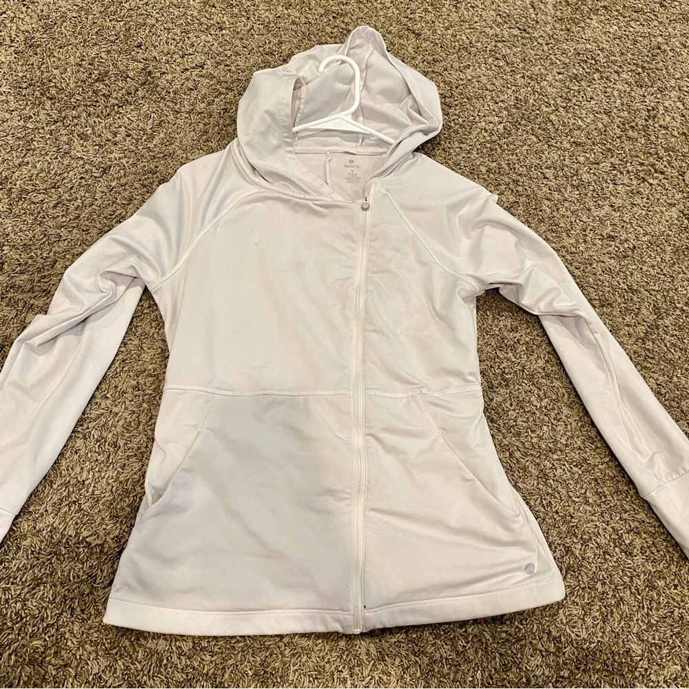 White zip-up athletic hoodie
